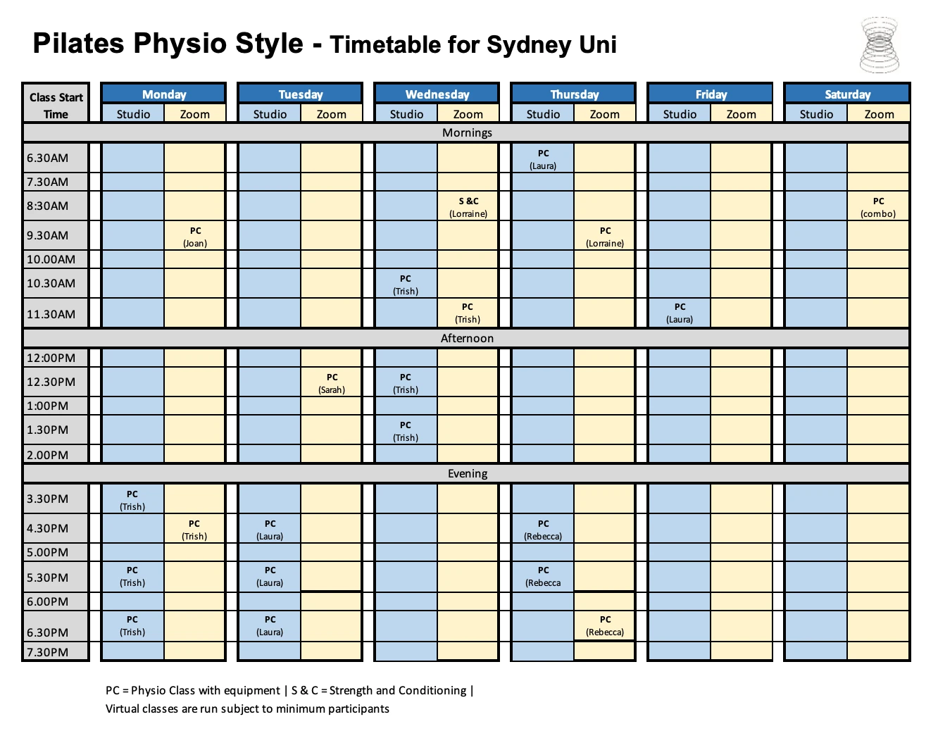 Pilates Physio Style Sydney Uni timetable