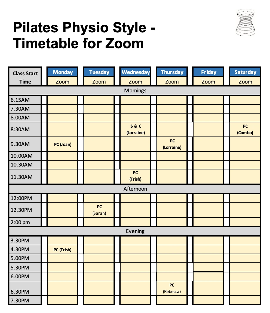 Pilates Physio Style Brookvale Zoom timetable
