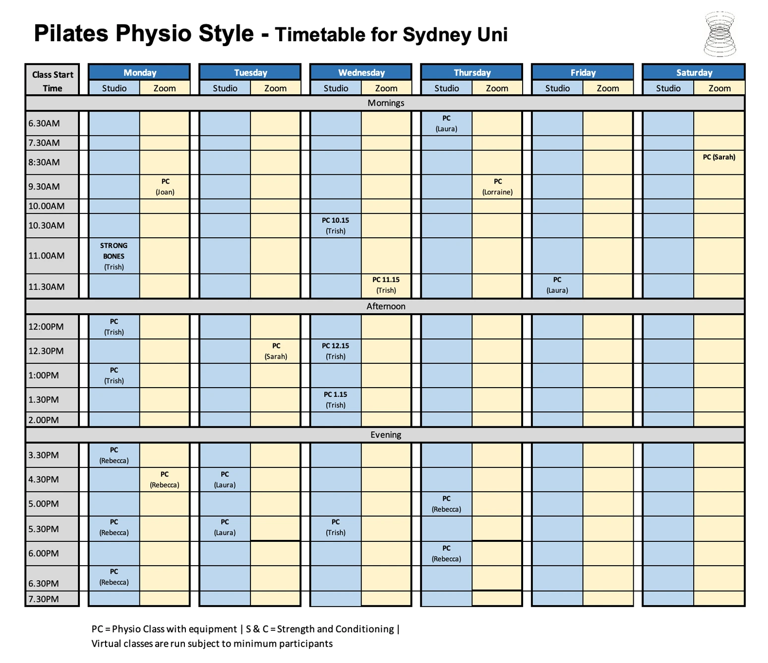 Pilates Physio Style Sydney Uni timetable
