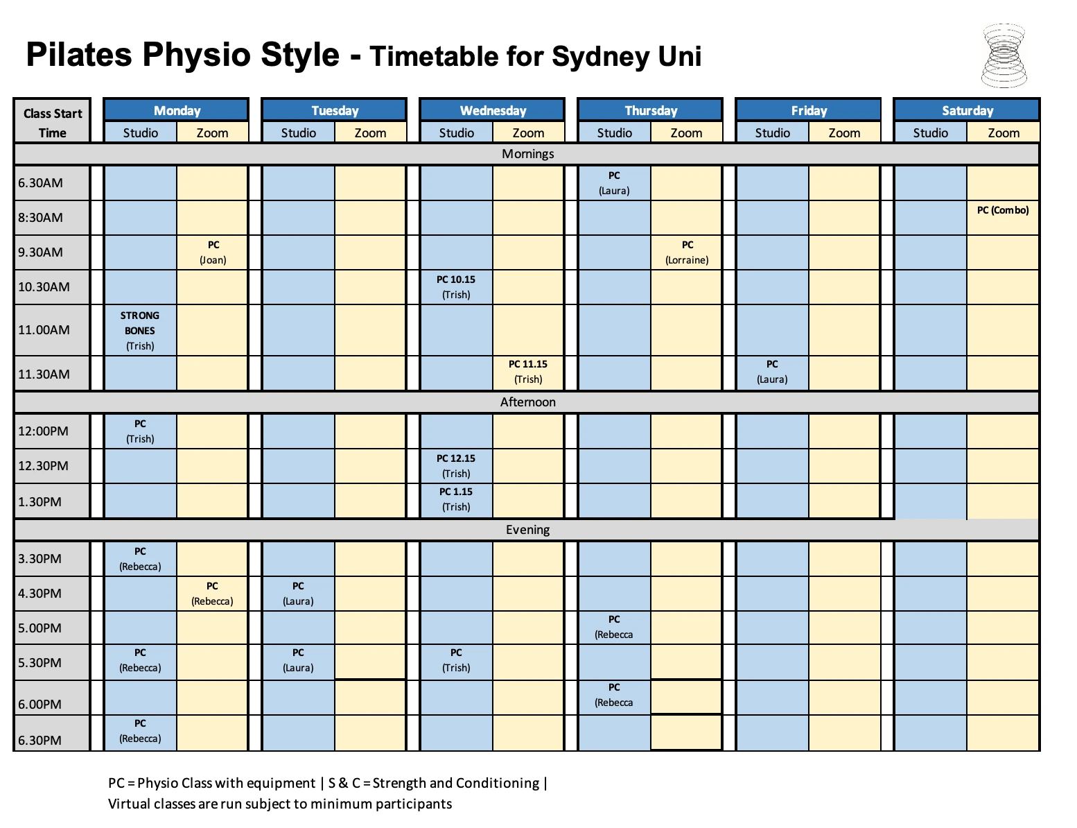 Pilates Physio Style Sydney Uni timetable