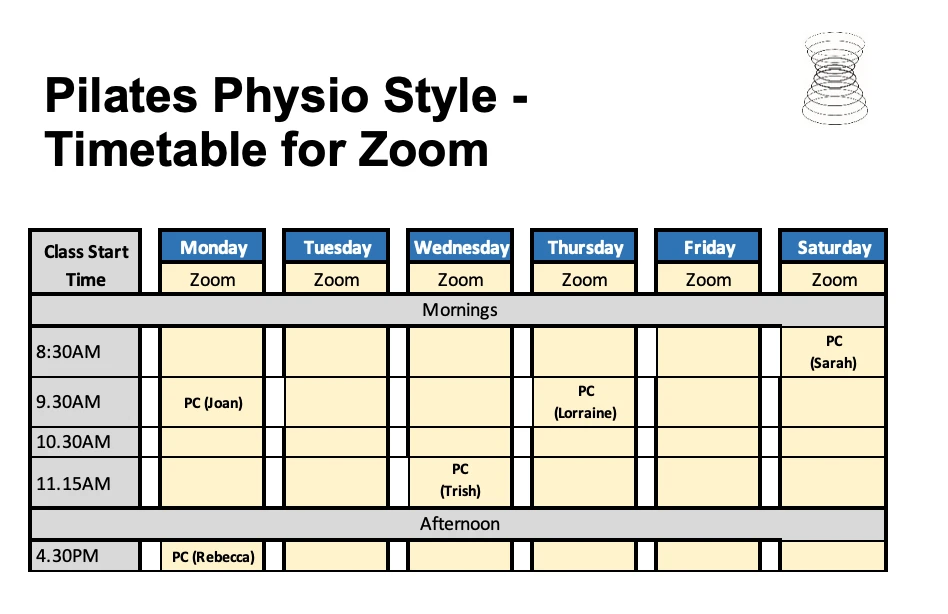 Pilates Physio Style Brookvale Zoom timetable