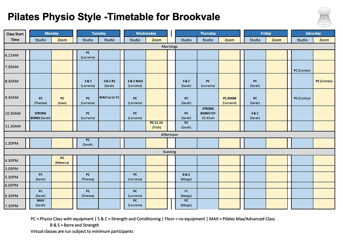 Pilates Physio Style Brookvale timetable