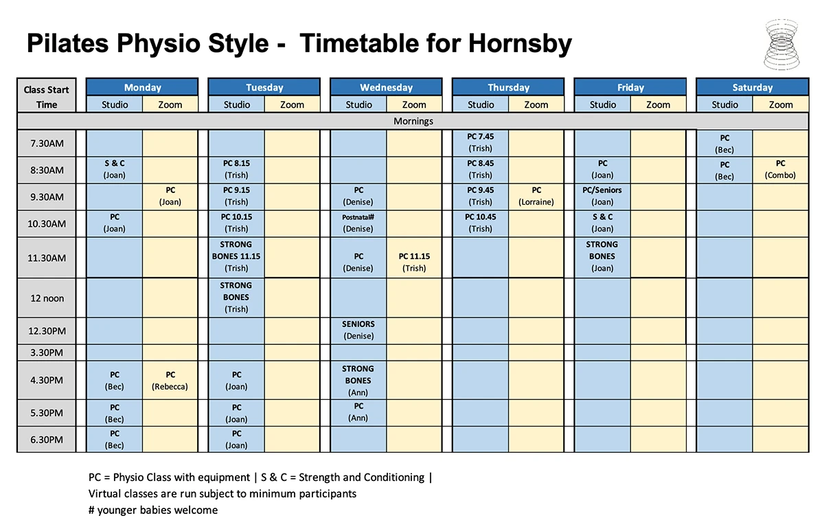 Pilates Physio Style Hornsby timetable