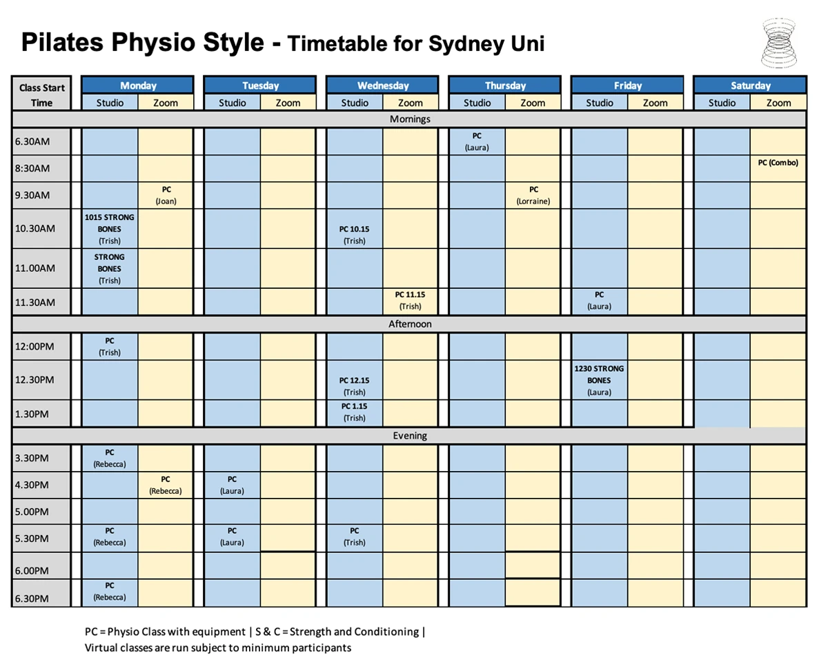 Pilates Physio Style Sydney Uni timetable