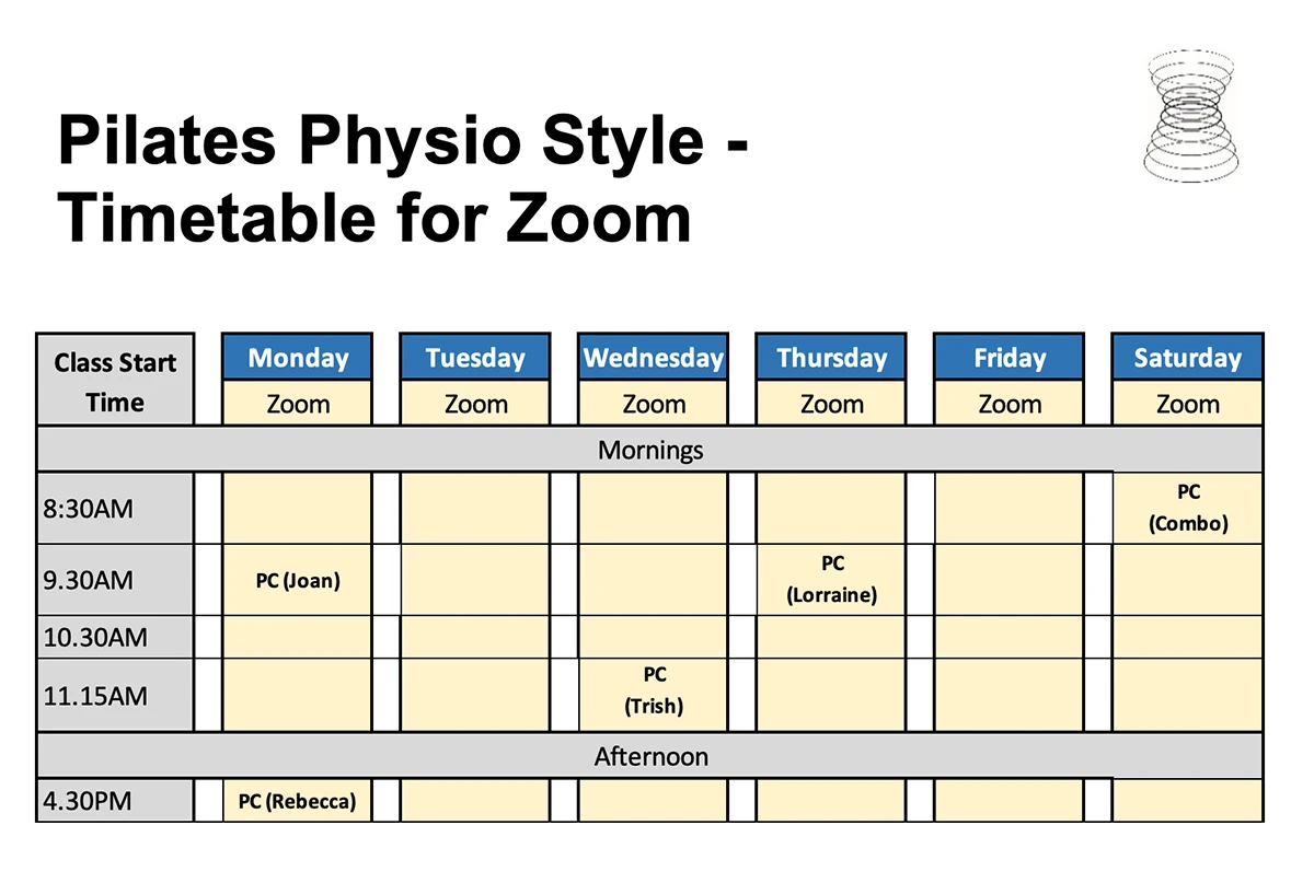 Pilates Physio Style Brookvale Zoom timetable