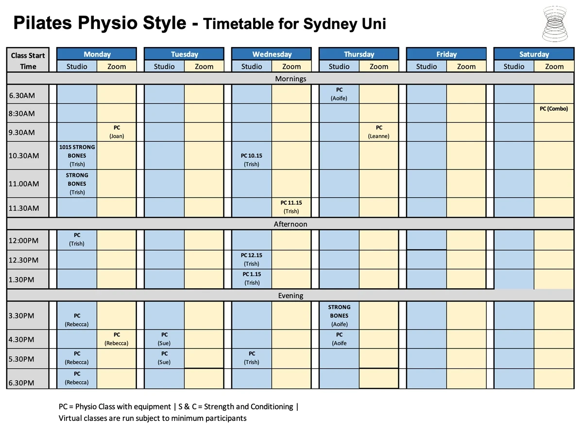 Pilates Physio Style Sydney Uni timetable