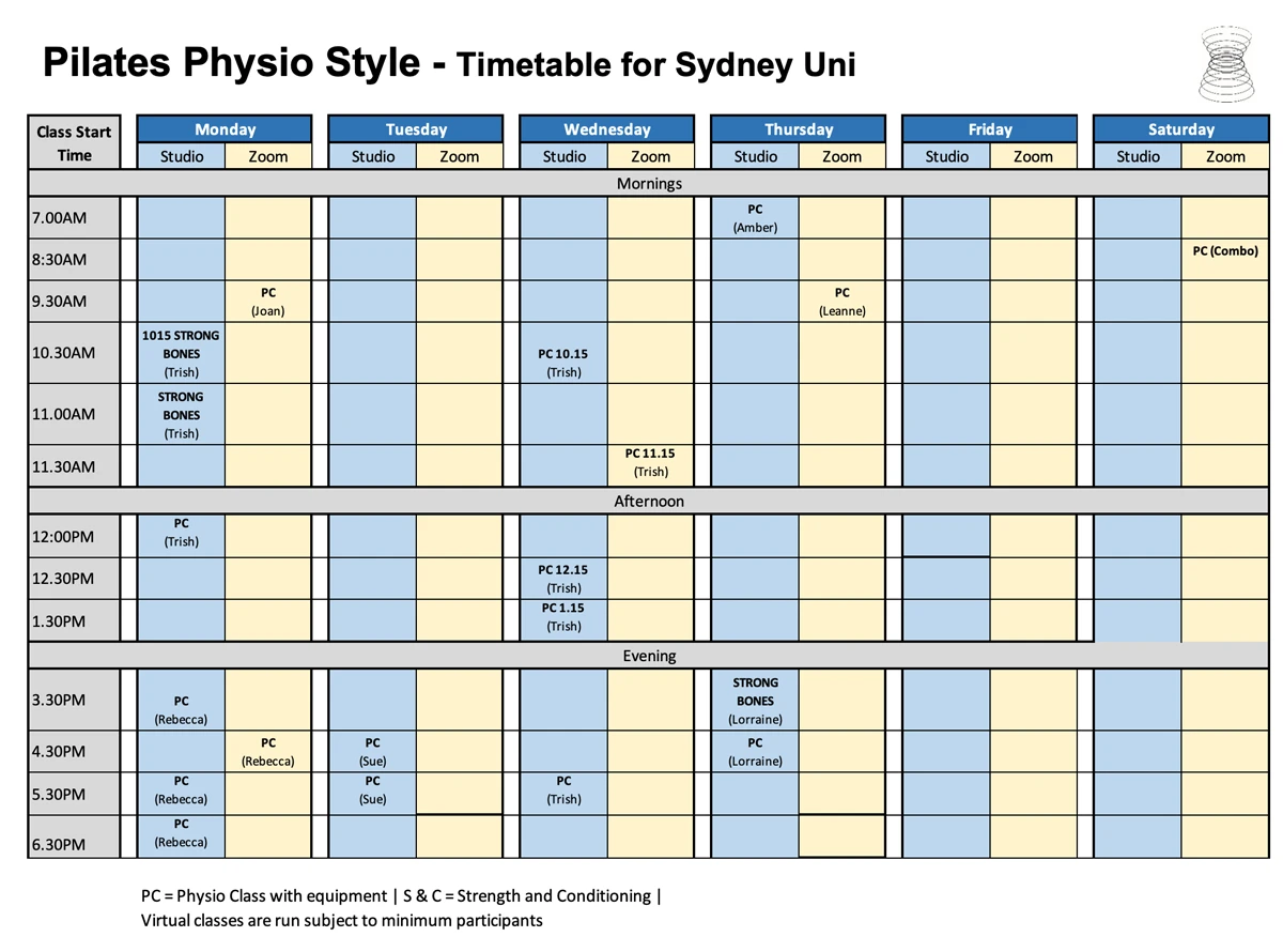 Pilates Physio Style Sydney Uni timetable