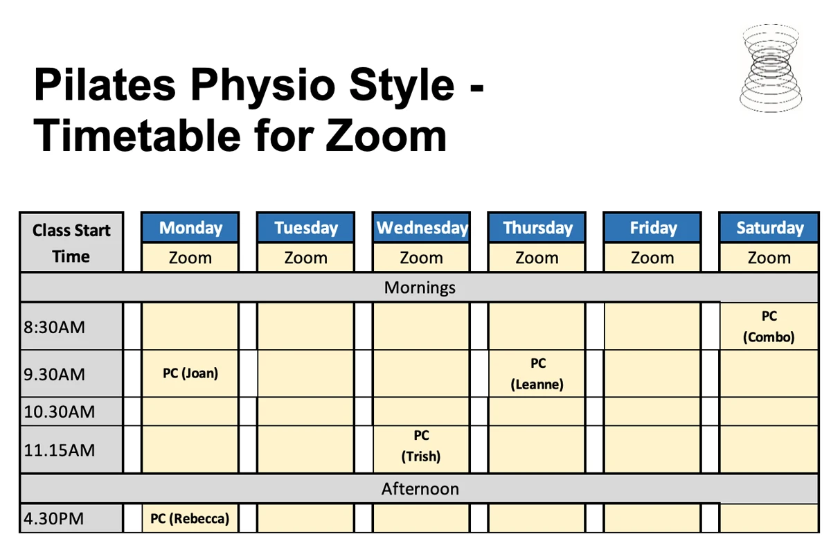 Pilates Physio Style Brookvale Zoom timetable