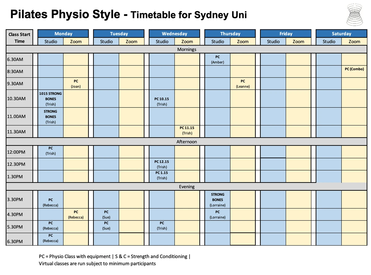 Pilates Physio Style Sydney Uni timetable